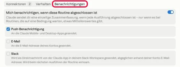 Reiter Benachrichtigungen, rot markiert, mit eingeschaltetem Schalter und den Wegen Push-Benachrichtigung, E-Mail und Slack