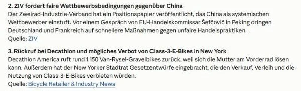 Ergebnis der Routine Branchen-News: zwei Meldungen zur Fahrrad-Branche, je mit fetter Überschrift, zwei Sätzen und Quelle als Link