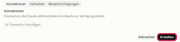 Reiter Konnektoren ohne Einträge, der Knopf Erstellen unten rechts ist rot markiert