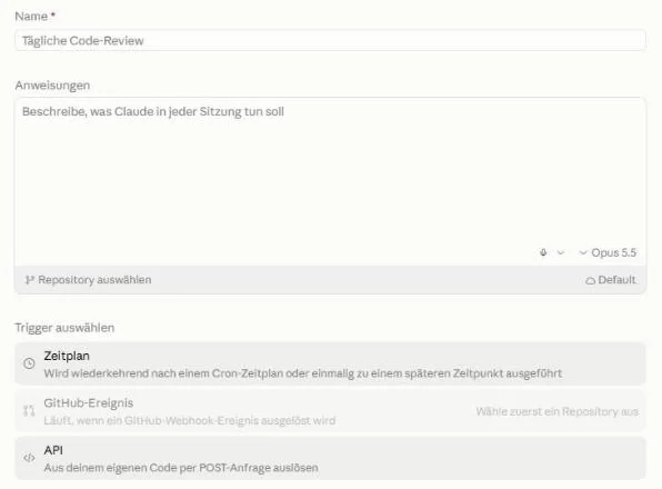 Leeres Formular Neue Routine mit Name, Anweisungen und den Triggern Zeitplan, GitHub-Ereignis und API