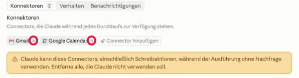 Reiter Konnektoren mit Gmail und Google Calendar, die x rot markiert, darunter der gelbe Warnkasten