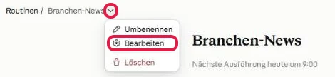 Menü neben dem Namen Branchen-News mit Umbenennen, Bearbeiten und Löschen, Pfeil und Bearbeiten rot markiert