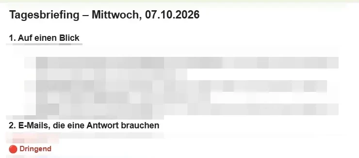 E-Mail mit einem Tagesbriefing und der Überschrift Auf einen Blick, Inhalte unkenntlich gemacht