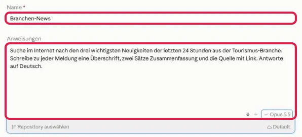Ausgefüllte Felder Name mit Branchen-News und Anweisungen zur Tourismus-Branche, beide rot markiert