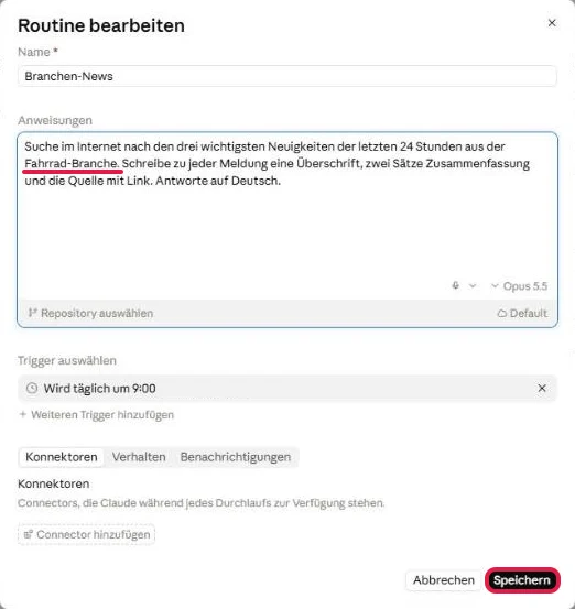 Fenster Routine bearbeiten mit geänderter Anweisung, Fahrrad-Branche und der Knopf Speichern rot markiert