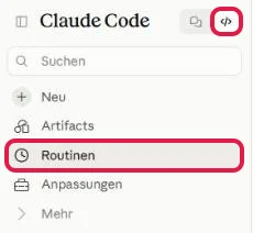 Claude Routinen in der Seitenleiste von Claude Code, Umschalter und Eintrag Routinen rot markiert