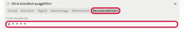 Zeitplan Benutzerdefiniert mit dem Feld Cron-Ausdruck, rot markiert, darüber die Zeile Wird stündlich ausgeführt