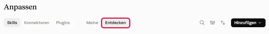 Reiter Skills auf der Seite Anpassen mit rot markiertem Umschalter Entdecken