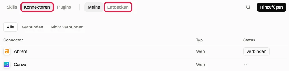 Reiter Konnektoren und Umschalter Entdecken auf der Seite Anpassen, beide rot markiert, darunter die Liste mit dem Knopf Verbinden