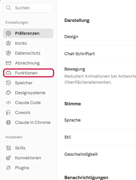 Linke Leiste der Einstellungen von Claude mit rot markiertem Bereich Funktionen