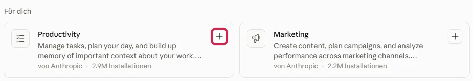 Karten im Bereich Entdecken unter Für dich, das Plus in der Karte Productivity ist rot markiert