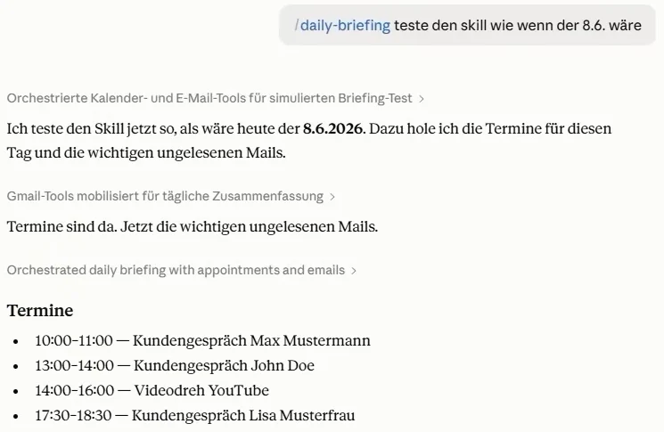 Ergebnis des Skills daily-briefing im Chat mit der Überschrift Termine und vier aufgelisteten Beispielterminen