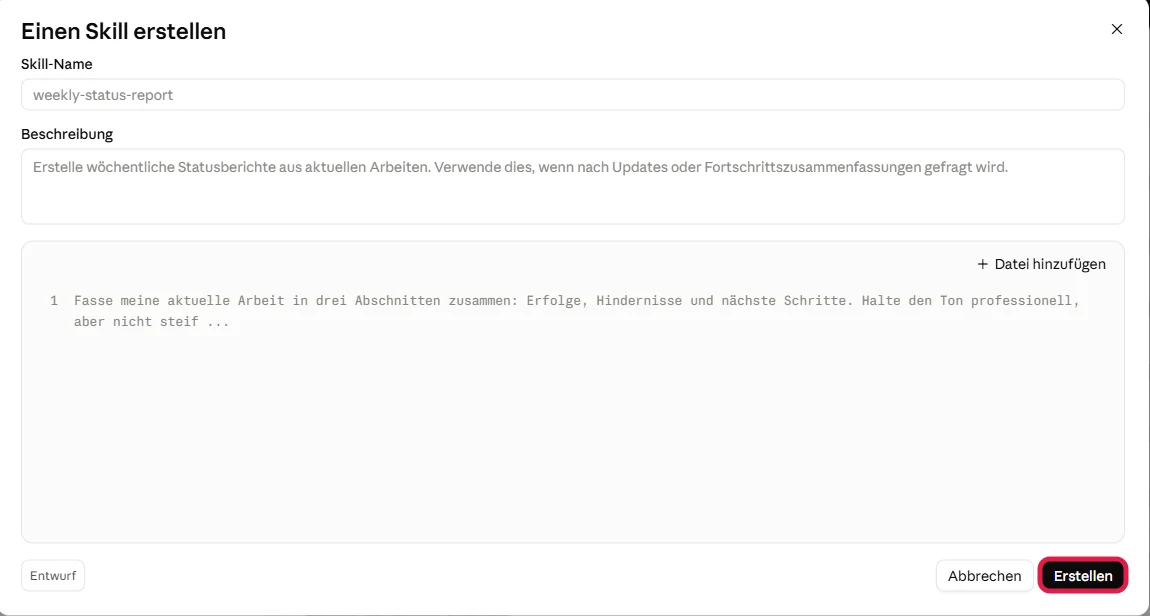Formular Einen Skill erstellen mit den Feldern Skill-Name, Beschreibung und Anleitung, der Knopf Erstellen ist rot markiert