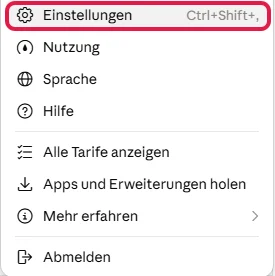 Claude Skills Anleitung: Konto-Menü unten links mit rot markiertem Eintrag Einstellungen