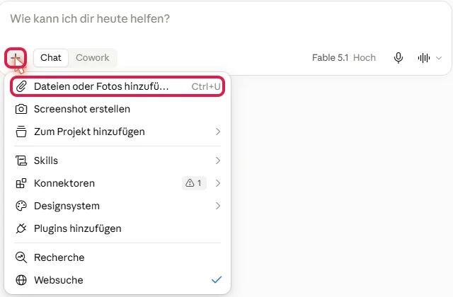 Plus im Eingabefeld und Eintrag Dateien oder Fotos hinzufügen, beide rot markiert