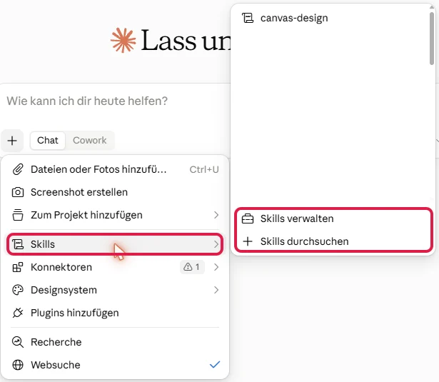 Plus-Menü im Eingabefeld mit rot markiertem Eintrag Skills und den Einträgen Skills verwalten und Skills durchsuchen