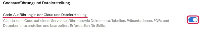 Eingeschalteter Schalter Code-Ausführung in der Cloud und Dateierstellung, rot markiert