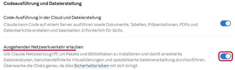 Schalter Ausgehenden Netzwerkverkehr erlauben unter Codeausführung und Dateierstellung, rot markiert