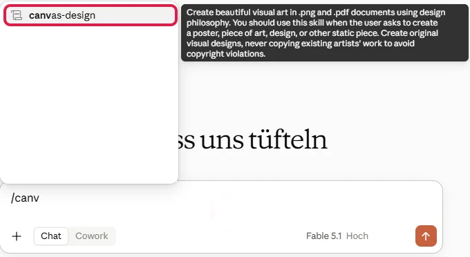 Liste nach Eingabe von /canv im Eingabefeld mit rot markiertem Skill canvas-design und seiner Beschreibung