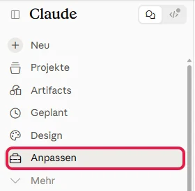 Seitenleiste von Claude mit rot markiertem Eintrag Anpassen