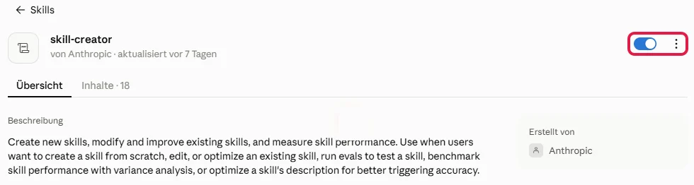 Detailseite des Skills skill-creator mit rot markiertem Schalter und dem Menü mit drei Punkten