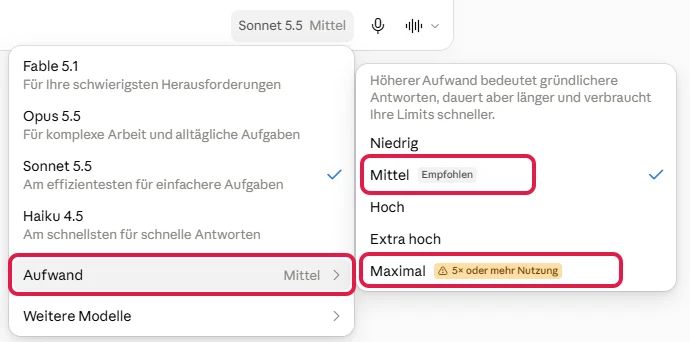 Menü Aufwand bei Sonnet 5.5, markiert Mittel (Empfohlen) und die Warnung bei Maximal