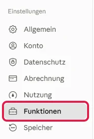 Linke Leiste der Claude-Einstellungen mit rot markiertem Bereich Funktionen