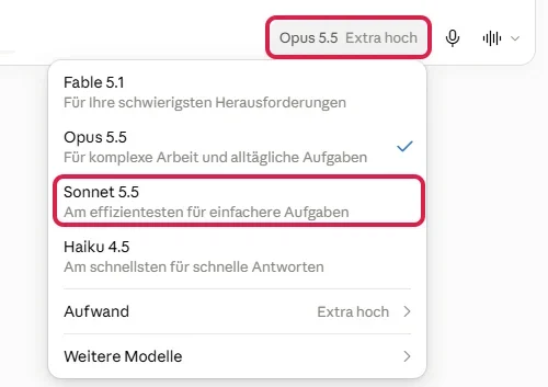 Claude Sonnet 5.5 im Modellmenü auswählen, Modellknopf und Eintrag Sonnet 5.5 rot markiert