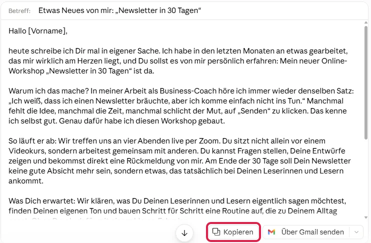 E-Mail-Entwurf von Sonnet 5.5 mit Betreff, unten der rot markierte Knopf Kopieren