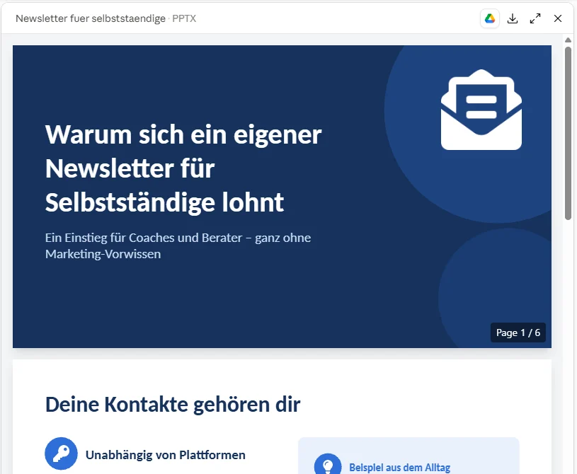 Vorschau der Präsentation von Opus 5.5 mit dunkelblauer Titelfolie, Brief-Symbol und der Folie „Deine Kontakte gehören dir“