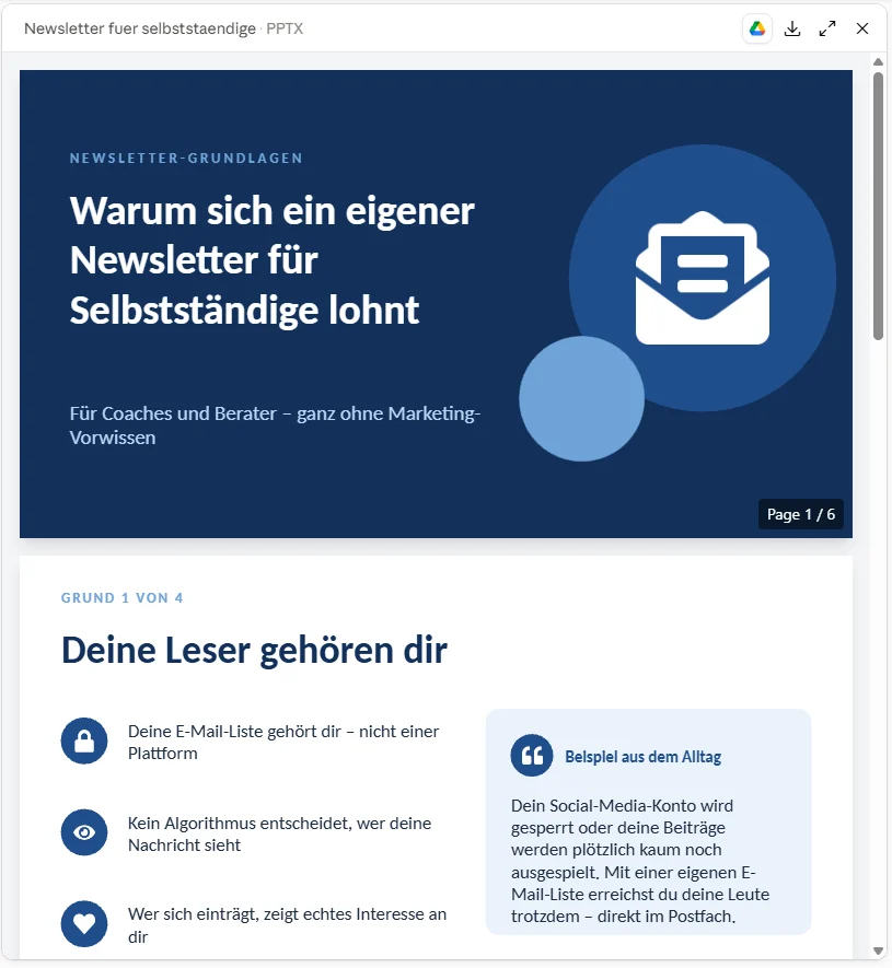 Vorschau der Präsentation von Sonnet 5.5 mit Titelfolie und der Folie „Deine Leser gehören dir“
