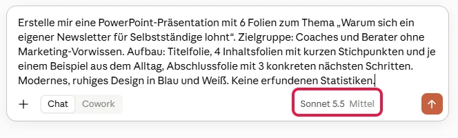 Prompt für die Newsletter-Präsentation im Eingabefeld, Modell Sonnet 5.5 Mittel rot markiert