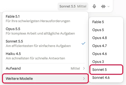 Eintrag Weitere Modelle und Untermenü mit Sonnet 5, beides rot markiert