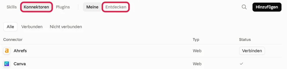 Seite Anpassen mit rot markiertem Reiter Konnektoren und rot markiertem Umschalter Entdecken
