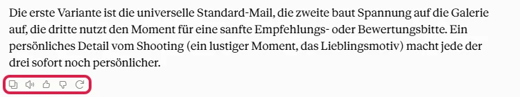Symbole unter einer Antwort von Claude zum Kopieren, Vorlesen, Bewerten und Wiederholen, rot markiert