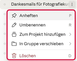 Chat-Menü in der Seitenleiste mit Anheften, Umbenennen, Zum Projekt hinzufügen, In Gruppe verschieben und Löschen
