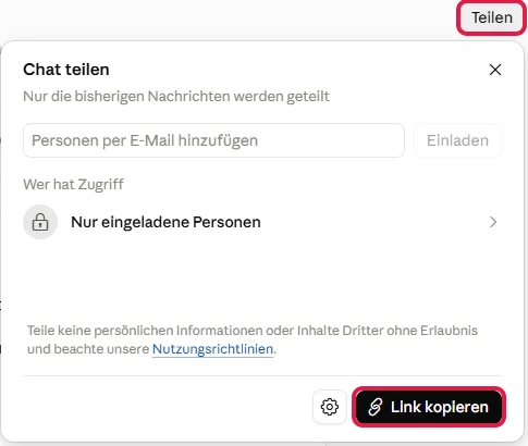 Fenster Chat teilen mit Wer hat Zugriff: Nur eingeladene Personen, rot markiert der Knopf Teilen und Link kopieren