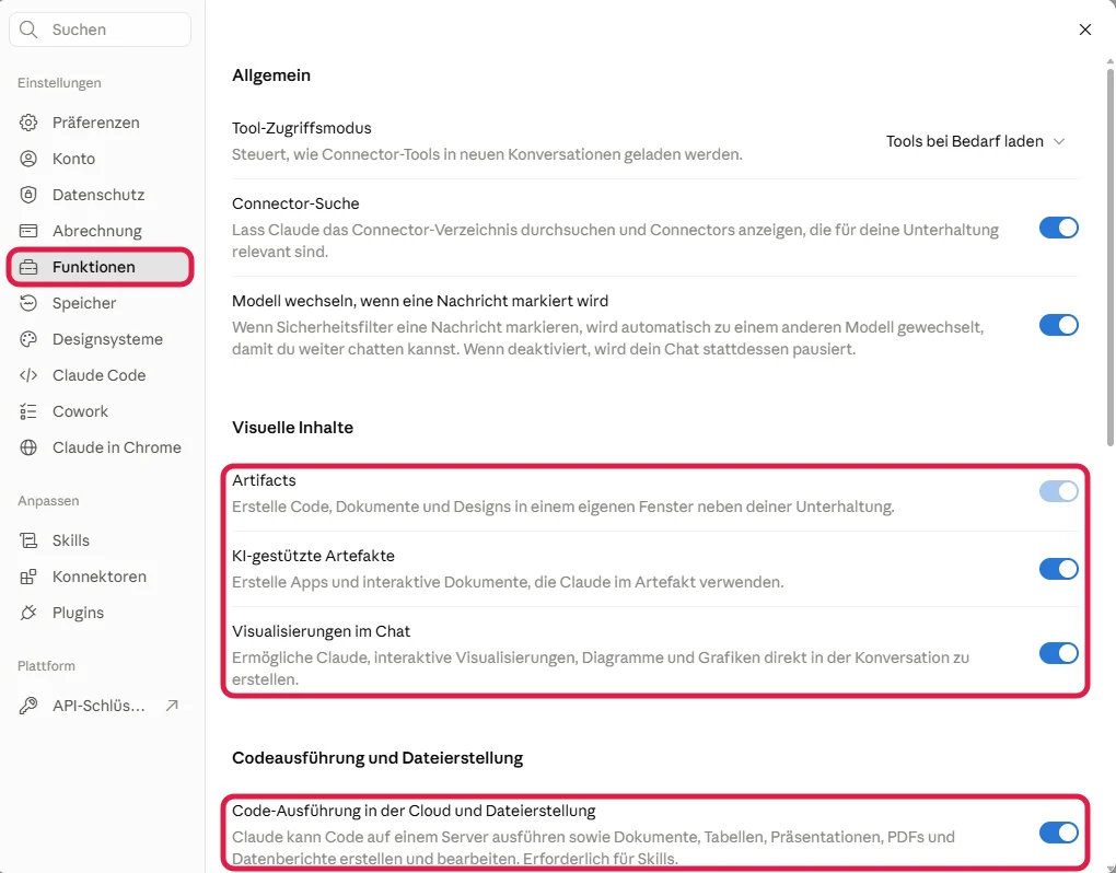 Einstellungen unter Funktionen, rot markiert sind die Schalter unter Visuelle Inhalte und Code-Ausführung in der Cloud und Dateierstellung