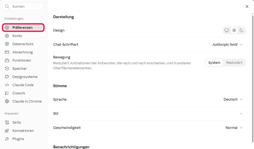 Einstellungen von Claude mit rot markiertem Bereich Präferenzen, rechts Darstellung und Stimme