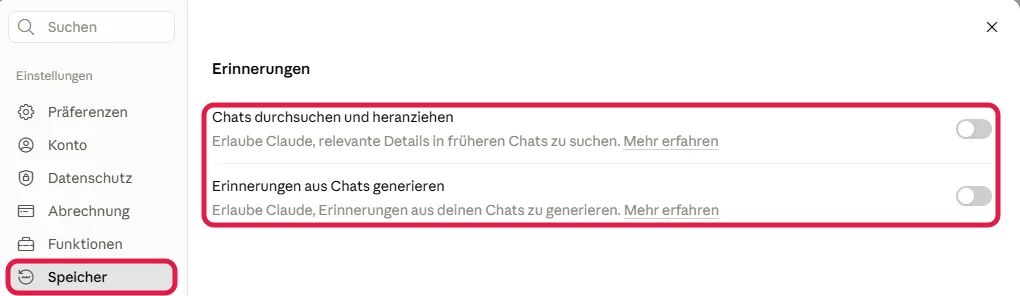 Einstellungen unter Speicher mit rot markierten Schaltern Chats durchsuchen und heranziehen und Erinnerungen aus Chats generieren