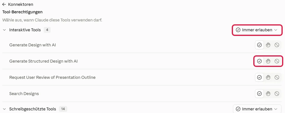 Tool-Berechtigungen des Konnektors Canva, rot markiert die Auswahl Immer erlauben und die drei Symbole bei einem Werkzeug