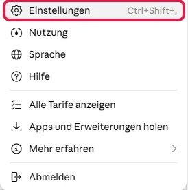 Konto-Menü von Claude mit rot markiertem Eintrag Einstellungen und dem Tastenkürzel