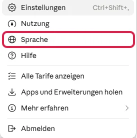 Konto-Menü von Claude mit rot markiertem Eintrag Sprache