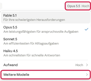 Geöffnetes Modellmenü mit Fable 5.1, Opus 5.5, Sonnet 5 und Haiku 4.5, rot markiert der Modellknopf und Weitere Modelle