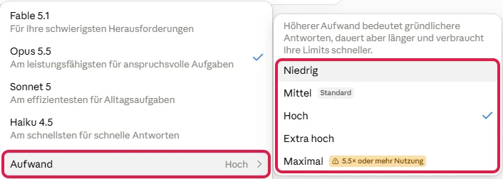 Modellmenü mit rot markiertem Eintrag Aufwand und rot markierter Liste der Stufen Niedrig bis Maximal, bei Mittel der Hinweis Standard