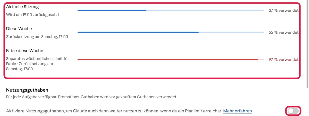 Fenster Nutzung mit den Balken Aktuelle Sitzung, Diese Woche und Fable diese Woche, darunter der Schalter für Nutzungsguthaben
