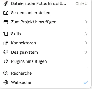 Geöffnetes Plus-Menü mit Dateien oder Fotos hinzufügen, Screenshot erstellen, Skills, Konnektoren, Recherche und Websuche