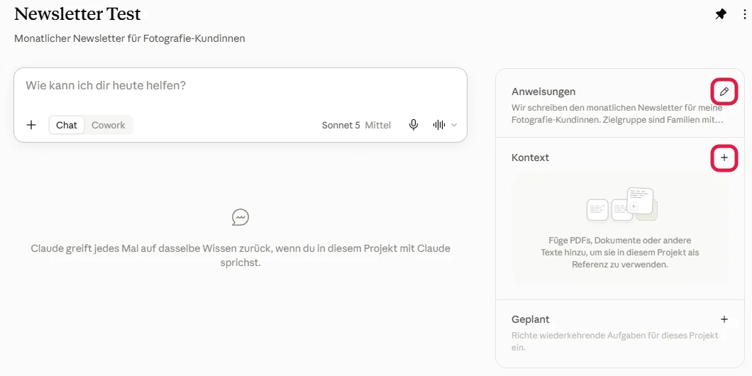 Projektseite Newsletter Test, rot markiert sind der Stift bei Anweisungen und das Plus bei Kontext