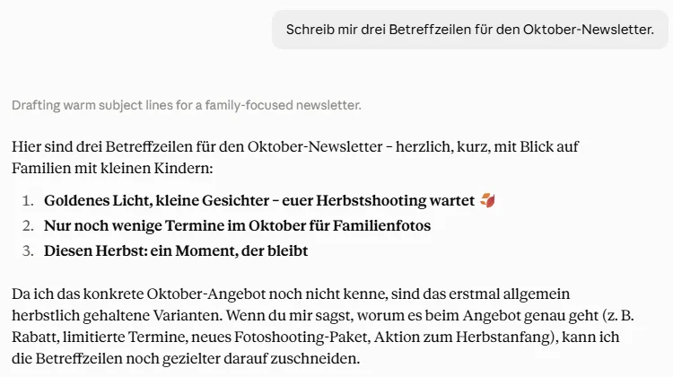 Antwort im Projekt mit drei Betreffzeilen für Familien und einer Rückfrage zum Oktober-Angebot