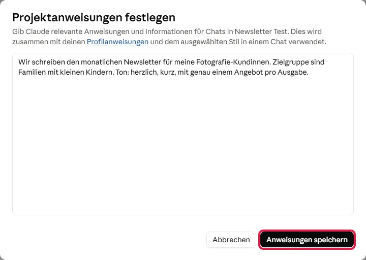 Fenster Projektanweisungen festlegen mit dem Beispieltext, rot markiert der Knopf Anweisungen speichern
